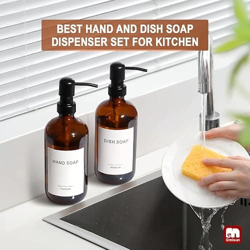 GMISUN Amber Glass Soap Dispenser, 2 Pack Bathroom Hand Soap Dispensers with Stainless Steel Pump, 17 Fl Oz Kitchen Hand and Dish Soap Dispenser Set, Modern Vintage Liquid Brown Soap Dispensers Bottle thumbnail 7