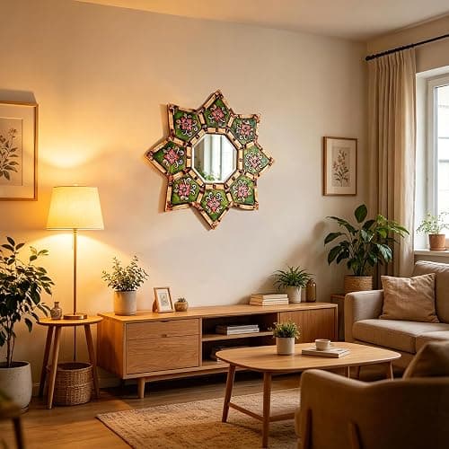 Starburst Decorative Wall Mirror Green Floral Hand-Painted Wooden Frame Shatterproof Acrylic Hanging Mirror Vintage Boho Moroccan Wall Mirror Decor for Living Room Bedroom Entryway Small Accent Mirror thumbnail 5