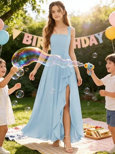 Basgute Chiffon Junior Bridesmaid Dresses for Wedding Long Ruffles Slit Flower Girl Dress A Line Formal Gown thumbnail 5