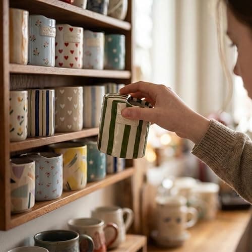 KOIMYSA Ceramic Travel Coffee Mug with Straw Hole 12oz, Espresso Cups | Hand Painted Pottery Coffee Mug, Retro Striped To Go Coffee Mug for Hot & Cold Drinks, Microwave & Dishwasher Safe, Green thumbnail 8