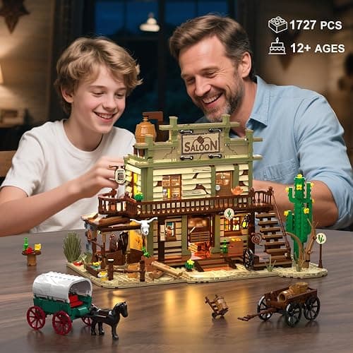 INSOON Western Saloon Building Set with LED Light, Wild West Building Block Toy 1727 PCS, Old West Construction Model with Horse Stable Cowboy Hat, House Building Kit Gift for Adults Teens 12+ thumbnail 4