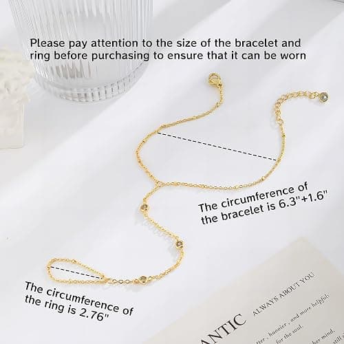 Bracelets for Women,14K Gold/Silver Plated Dainty Hand Chain Bracelets Trendy Ring Chain Bracelet Charm Gold Cuff Bangle Stackable Bracelets Fashion Body Jewelry Adjustable Waterproof Gifts for Her - Three Zircon-GD thumbnail 5