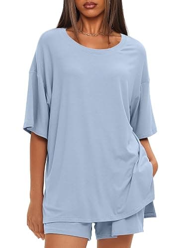 Darong Women's Two Piece Loungewear Set Casual Boxy Shirts Drawstring Shorts Comfy Matching Airport Travel Outfit Pajama Set thumbnail 2