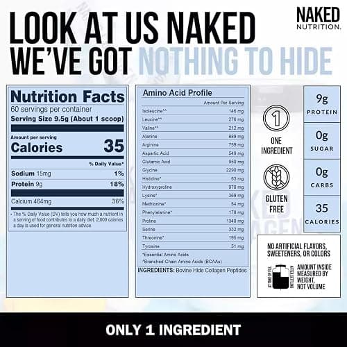 NAKED Collagen Peptides Protein Powder, 60 Servings, Pasture-Raised, Unflavored Grass-Fed Hydrolyzed Collagen Supplement, Paleo Friendly, Non-GMO, Keto, Gluten Free, 20oz thumbnail 2