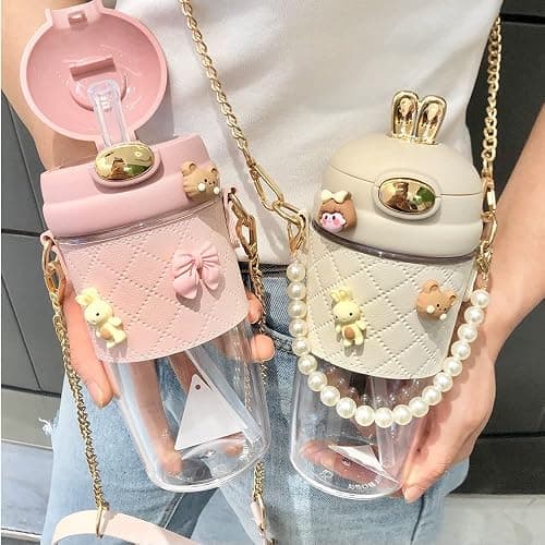 TULDYS Kawaii Water Bottle, 20 oz 580ml Rabbit Water Glass with Pearl Chain Strap, 3D Stickers Cute Aesthetic Bottle for girls for outdoor (Pink) thumbnail 2