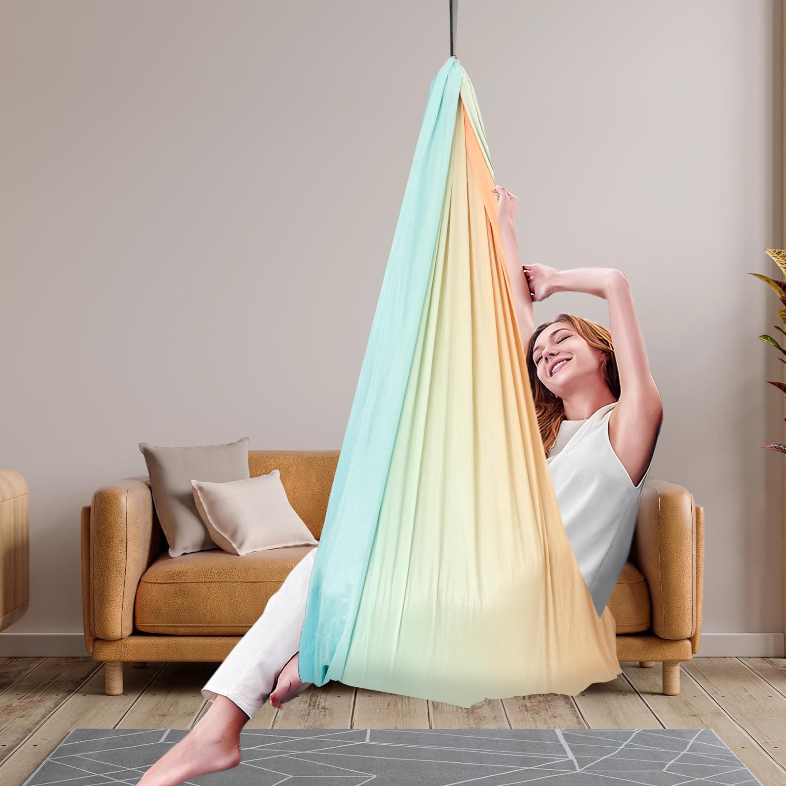 Sensory Swing for Kids Adults Double Layer Kids Sensory Swing Holds up to 200 lbs Therapy Cuddle Swing Stretch Resistant Swing Hammock Effect for Autism, ADHD or SPD Children Indoor Outdoor - Orange + Green - Image 1