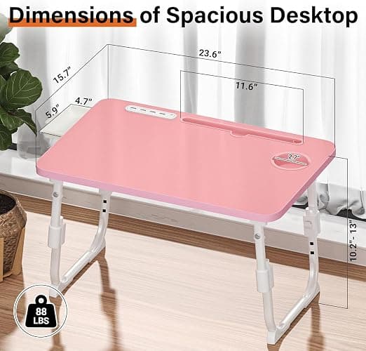 DECOSIS Bed Desk Height Adjustable, Bed Laptop Table with USB/Storage Drawer/Cup Holder/Tablet Stand/Book Shelf, Foldable Breakfast Tray Portable for Reading Writing, Bed, Sofa & Floor, Wood, Pink thumbnail 5
