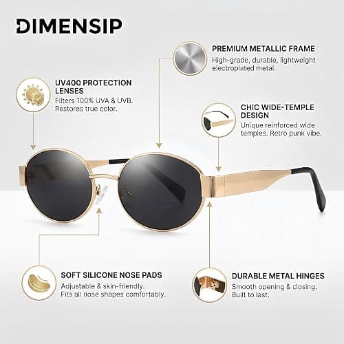 DIMENSIP Retro Oval Sunglasses for Women Men - Trendy Gold Sun Glasses - Fashion Metal Frame Shades thumbnail 3