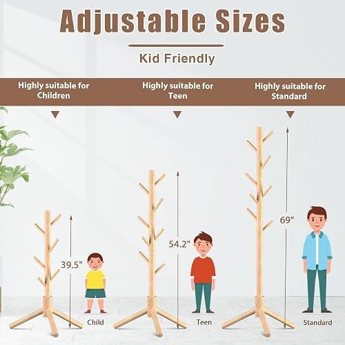 Haddockway 3 Adjustable Freestanding Wooden Coat Rack Stand 8 Hooks,Hallway thumbnail 5