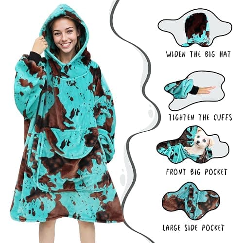 KIVEE Blue Cow Print Wearable Blanket Hoodie Oversized Fleece Sweatshirt Blanket with Giant Pocket Warm Cozy Hooded Blanket for Adult Cow Gifts for Women Men thumbnail 4