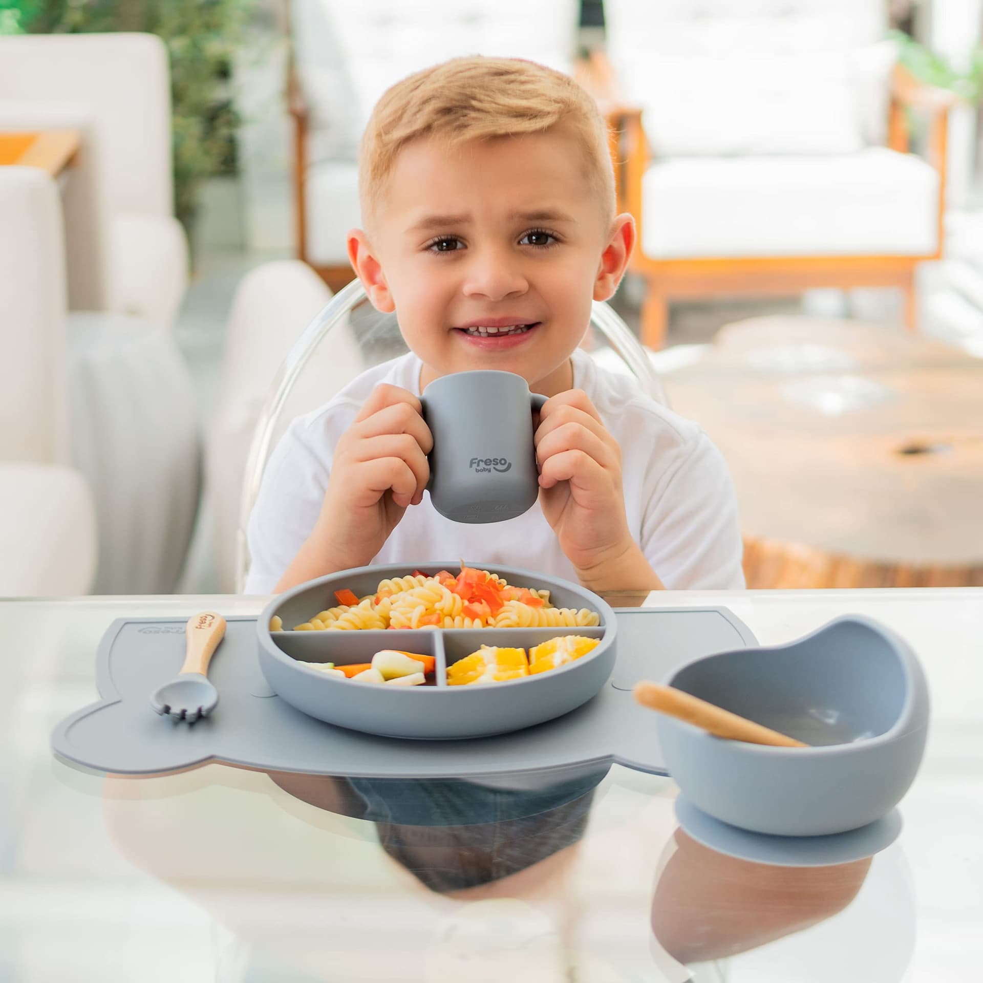 Freso Baby Kit Alimentação De Bebê Silicone Atóxico Livre Bpa Introdução Alimentar Blw Tigela Prato Ventosa Talher Infantil Fácil De Limpar Cor Cinza - Cinza thumbnail 2
