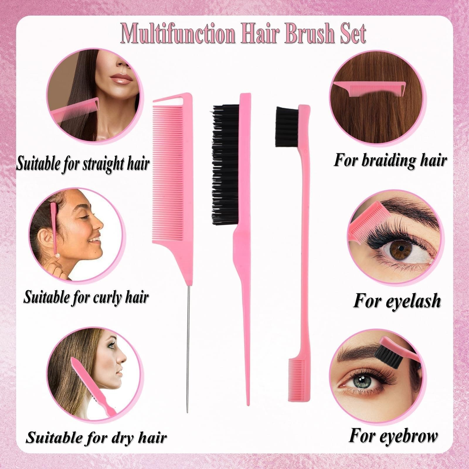 12 Pcs Hair Brush Set, 3 Pieces Slick Back Hair Brushes for Toddlers, Women, Detangling Brush for All Typs of Hair, Edge Bristles Wide Tooth Rat Tail Combs for Baby Girls Boys(pink) - Pink thumbnail 5
