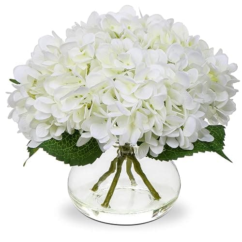 Hollyone Hydrangea Artificial Flowers with Vase White Silk Fake Flowers Arrangements in Glass Vase with Faux Water for Home Bathroom Office Table Centerpiece Shelf Decorations - Image 1