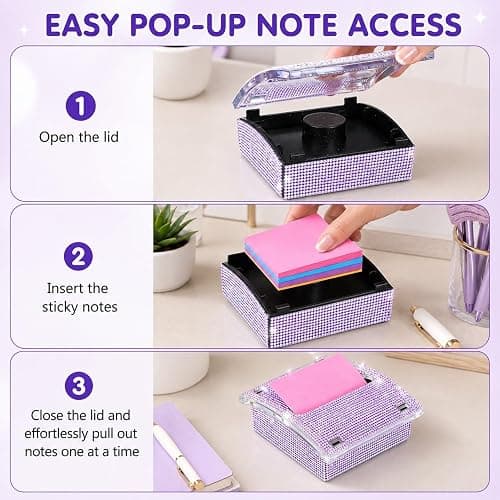 Rhinestone Sticky Note Holder for Desk, 4x4 Inch, with 100 Sheet Notepad | Bling Note Dispenser Office Desk Accessories Pop Up Note Holder for Cute Office Desk Accessories Women Coworker Gifts, Purple thumbnail 7