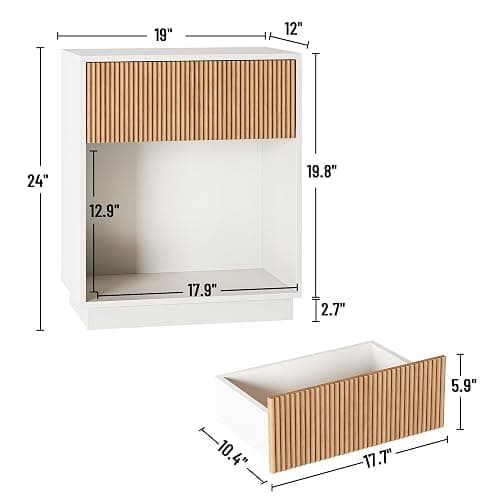 Fluted Nightstands Set of 2, Modern Bedside Table with Drawer and Storage Shelf, Wood End Table Mid Century Night Stands for Bedroom Living Room Sofa Couch Office (White+Oak) thumbnail 2