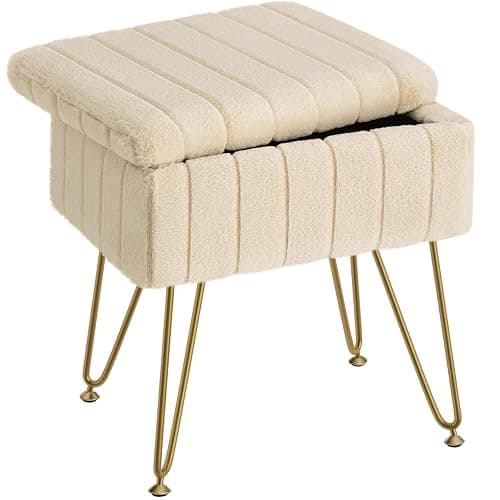 Greenstell Vanity Stool Chair Faux Fur with Storage, 19.4" H x 15.7" L x 11.8" W Soft Ottoman 4 Metal Legs with Anti-Slip Feet, Furry Padded Seat, Modern Multifunctional Chairs for Makeup, Bedroom - Image 1