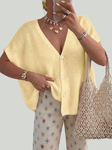 PRETTYGARDEN Womens 2026 Summer Oversized Cardigans Sweaters | Batwing Short Sleeve Lightweight Cardigan, Button V Neck Casual Knit Sweater Tops, Cute Clothes for Travel Vacation Cruise thumbnail 2