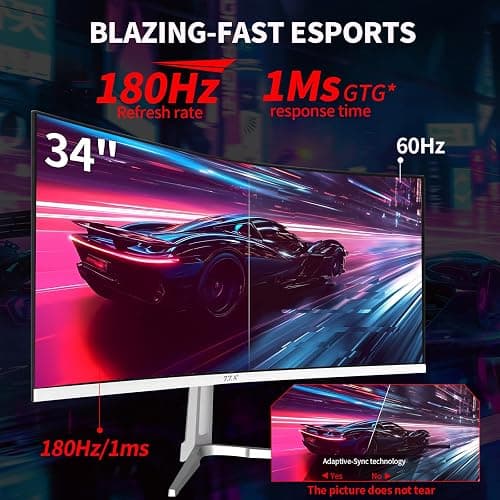 ZZA UltraWide 34 Inch Curved Monitor 1500R PC Screen 180hz Refresh Rate WQHD 3440x1440 Computer Gaming Monitor VA PanelAMD FreeSync Premium | HDR10 | 99% sRGB | VESA thumbnail 5