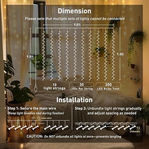 JMEXSUSS 300 LED Remote Control Curtain Lights, Plug in Fairy Curtain Lights Outdoor, Window Wall Hanging String Lights for Bedroom Indoor Dorm Backdrop Wedding Party Patio Christmas Decor, Warm White thumbnail 6