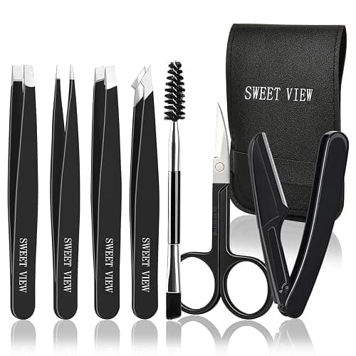 SWEET VIEW 7pcs Eyebrow Tweezers Set, Stainless Steel Tweezers for Women and Man, Precision Plucker Tweezers for Facial Hair, Chin, Eyebrow, Splinter and Ingrown Hair Removal - Image 1