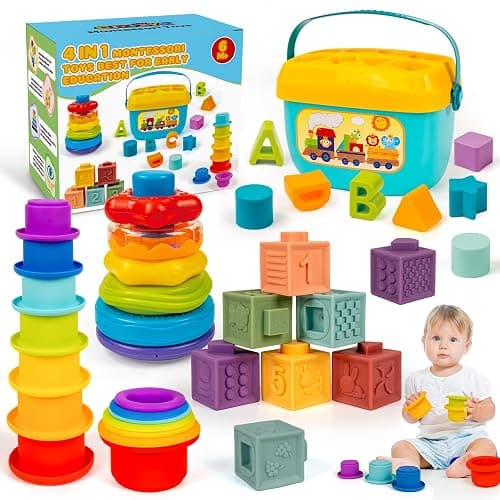 GJOF2YK Montessori Baby Toys for Ages 6–18 Months with Sensory Shape Sorter Matching Game Toy Stacking Ring Soft Building Blocks Developmental Learning Toys for Toddlers 1+ Year Old - Image 1