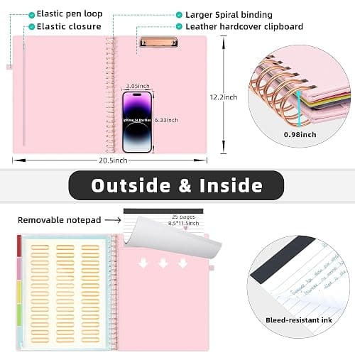 Ospelelf Leather Clipboard Folio with Notepad for Letter Size, Spiral Clipboard Folder with Storage Zipper Pouch, 5 Folders with 10 Pockets, 39 Divider Label Stickers, Pen Loop Series (Pink) thumbnail 3