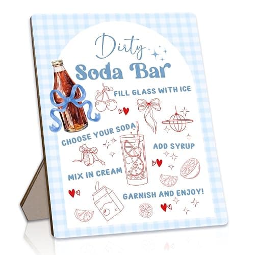 She's Ready to Pop Dirty Soda Bar Sign with Menu, Wooden Tabletop Welcome and Recipe Board for Gender Reveal Party, Beverage Setup Sign 8x10 Inch, Blue Baby Shower Decor (Blue Bow) - Image 1