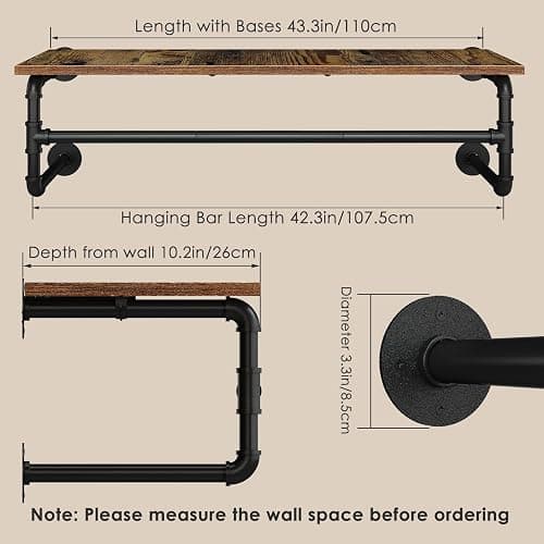 UlSpeed Clothes Rack with Top Shelf, 43.3in Industrial Pipe Wall Mounted Garment Rack, Space-Saving Display Hanging Clothes Rack, Heavy Duty Detachable Multi-Purpose Hanging Rod for Closet Storage thumbnail 3