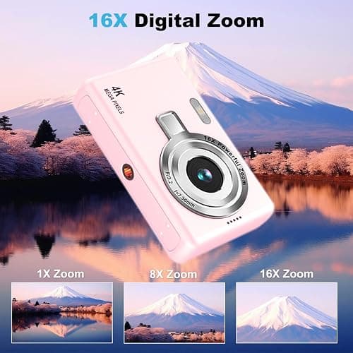 4K Digital Camera, Acbaeta Autofocus 50MP Vlogging Camera with 32G SD Card, 16X Zoom, Flash, Anti-Shake, Compact Portable Small Point and Shoot Digital Camera (Q12 Pro-Pink) thumbnail 3