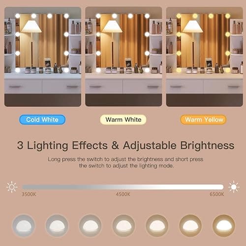 usikey Vanity Desk with Mirror and Lights, Makeup Vanity Set with 2 Drawers and Open Shelves, Makeup Vanity Desk Dressing Table with Cushioned Stool and 10 LED Lights, White thumbnail 4