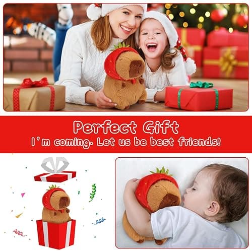 Emoin Capybara Plush Toy with Strawberry Hat 9.8 Inch Kawaii Soft Strawberry Capybara Stuffed Animals Hugging Capibara Baby Girls Gifts thumbnail 7