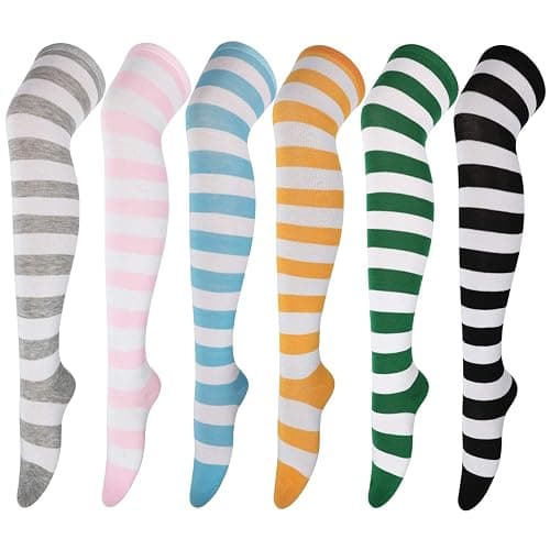 DRESHOW 6 Pairs High Thigh Socks Striped Over Knee Thin Tights Long Stocking for Women Leg Warmer - Image 1