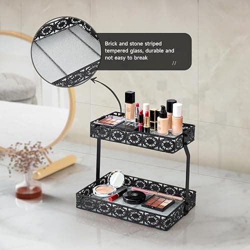 xiaojuande-Two Layer Glass Storage Tray with Portable Dressing Table Skin Care Product Organization Rack Corner Storage Rack for Bathroom Counter High-end Light - (Black) thumbnail 8