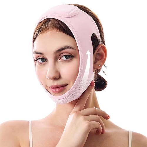 Juskaa Reusable V Line Lifting Mask with Chin Strap for Sleeping,Double Chin Reducer,Face Lift Prevent Sagging, Jaw Exerciser,Light Pink,M - Image 1