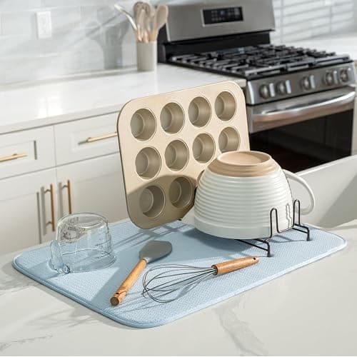 S&T INC. Dish Drying Mat XL, 18” x 24”, Absorbent Microfiber Kitchen Counter Mat, Dish Drying Pad for Dishes, Utensils, Pots and Pans, Extra Large, Sky Blue thumbnail 2
