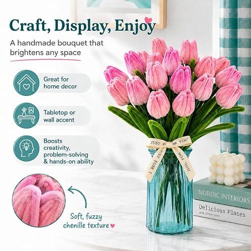 Quaystars 400Pcs Pipe Cleaners Bulk for Crafts - Tulip Flower Making Kit with Chenille Stems, Wire & Tape - DIY Arts and Crafts Supplies for Adults, Gift (Green, Pink) thumbnail 5