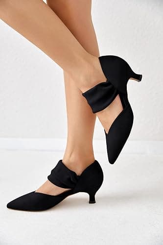 Coutgo Womens Low Kitten Heel Dress Shoes Pointed Toe Slip on Ankle Strap Cutout Elegant Party Wedding Pumps thumbnail 3