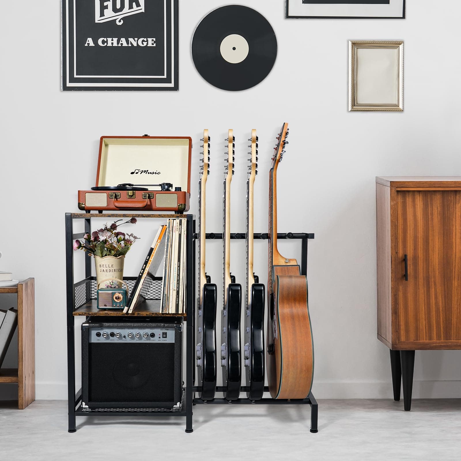 ikkle Guitar Stand for Electric Guitar and Bass with Vinyl Record Storage Holder, Guitar Rack for Multiple Guitars, Such As Acoustic, Bass, Electric & Guitar Case. ( 2 Installation Methods ) thumbnail 7