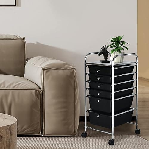 COSTWAY 6-Drawer Rolling Storage Cart, Multifunctional Art Craft Tools Organizer on Wheels, Heavy Duty Utility Mobile Storage Trolley w/ 2 Lockable Wheels for Home Office School (Black) thumbnail 8