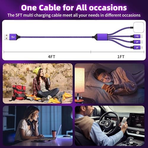 Travel Essentials 4in1 Multi Charging Cable for iPhone Watch Charger,USB A to Dual Type C/IP/iWatch Charger Travel Chargers for Multiple Devices Compatible with iWatch Series&iPhone 17-12 3Packs, 5FT thumbnail 7