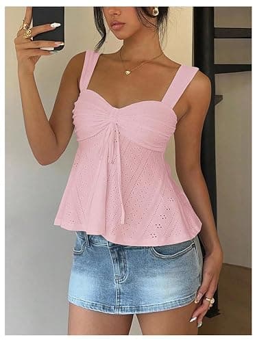 Milumia Women's Eyelet Tie Front Ruched Tank Tops Y2k Going Out Peplum Top | Babydoll, Sexy Slim Fit, Sleeveless, Flowy, Summer, Beach Vacation Outfits, Country Concert thumbnail 4