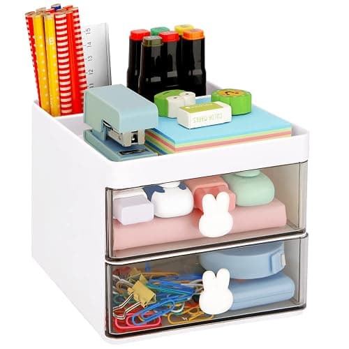 LETURE Small Desk Organizer With Drawer, Office Desktop Storage Box, Business Card/Pen/Pencil/Mobile Phone/Stationery Holder Storage Box, Makeup Organizer for Office School Home (White) - Image 1