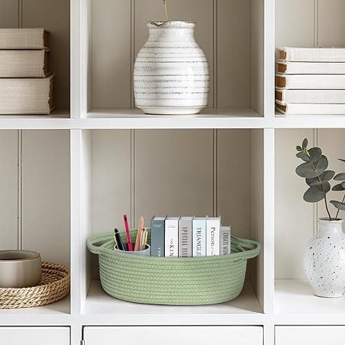 WILLITAT Basket for Gifts Empty, 13"x 9"x 5" Small Green Woven Rope Bin, Gift Basket Empty, Kids Dog Cat Toy Bin Box, Cute Baby Nursery Organizer, Decorative Storage with Handles, Green Room Decor thumbnail 7