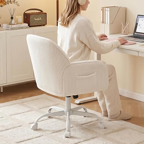 KRAMZMING Teddy Fleece & Corduroy Desk Chair, Swivel Office Chair White | Upholstered Vanity Chair with Side Pocket & Wheels, Height Adjustable Chair for Bedroom Makeup Study thumbnail 3