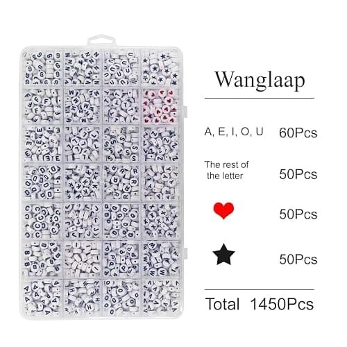 WangLaap 1450Pcs Letter Beads, Acrylic 4x7mm Round Alphabet A-Z and Red Heart Black Star Beads for Bracelets Necklaces DIY Jewelry Making (White) thumbnail 3