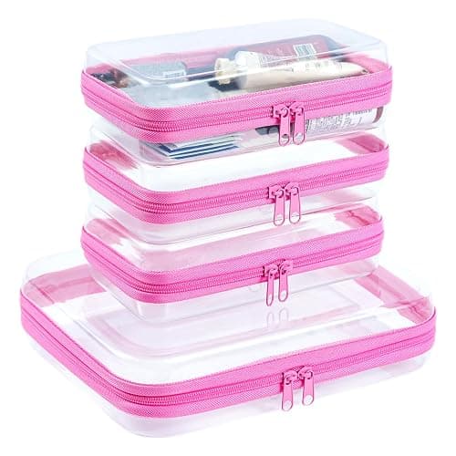 WELPIRT 4 pcs Clear Zipper Pouches, Hard Shell Zipper Case, Makeup Organizer Travel Toiletry bag, Diaper Bag, Travel Organizer, Clear Cosmetic Bag,Toy Storage Bins (M+3S Pink) - Image 1
