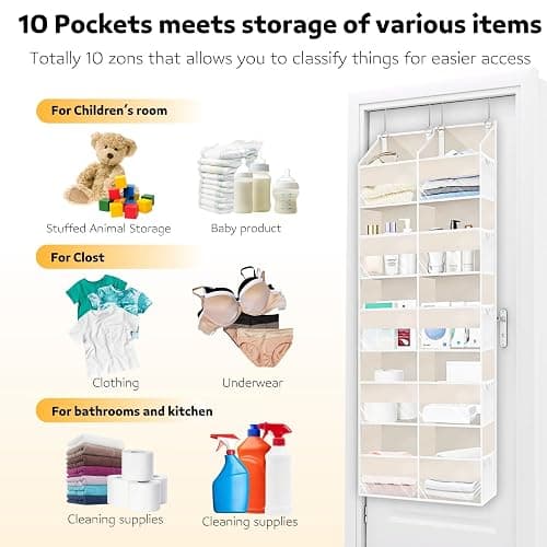 Ofiray-home Over the Door Organizer 5 Tiers,Extra Large Behind Door Storage of 10 Compartments,80 lbs Weight Capacity Over the Door Storage, Door Hanging Organizer for Closet, Diaper Organizer, Beige thumbnail 4
