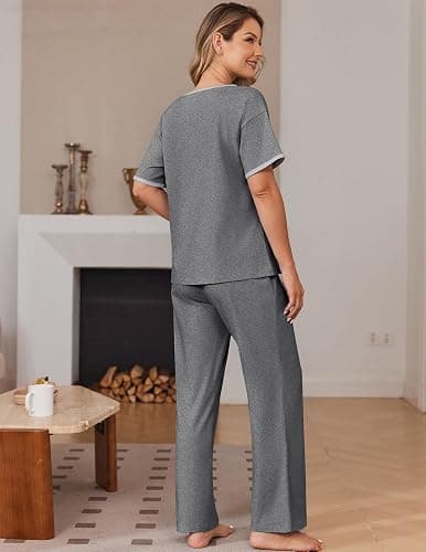 Ekouaer 100% Cotton Pajama for Women Short Sleeve Pj Top With Long Pants 2 Piece Lounge Set with Pocket thumbnail 6