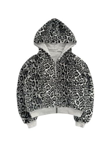 Ponitrack Vintage Leopard Print Jacket Y2k Reversible Zip Up Jacket Baggy Long Sleeve Hoodie Grunge Streetwear Unisex thumbnail 3