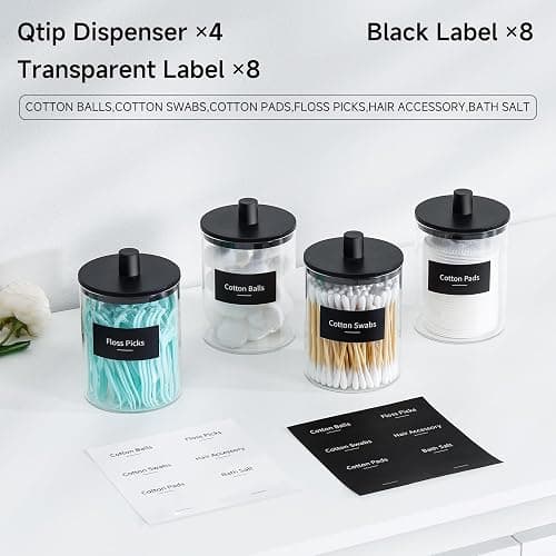 TIPGO Glass Qtip Holder Dispenser - 10 oz Clear Canister Apothecary Jar, Bathroom Vanity Storage Organizer Set for Cotton Swabs, Pads, Floss Picks, Small Containers for Makeup Storage (4 Pack, Black) thumbnail 4